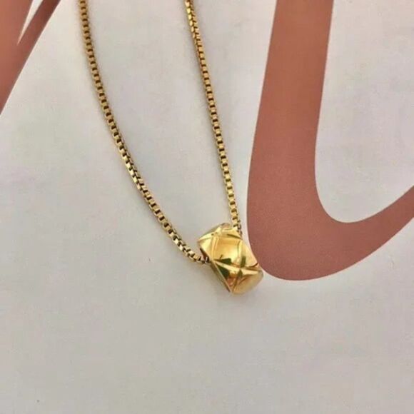 Plaid 18K Gold Yellow Gold Cylinder Lovers Circle Wheel Chain Necklace Dainty - Picture 1 of 6